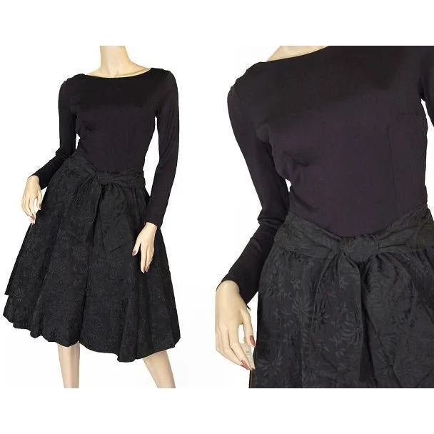 Vintage Black Jersey Dress W/Textured Brocade Skirt Nan Wynn 1950s 36-24-Free