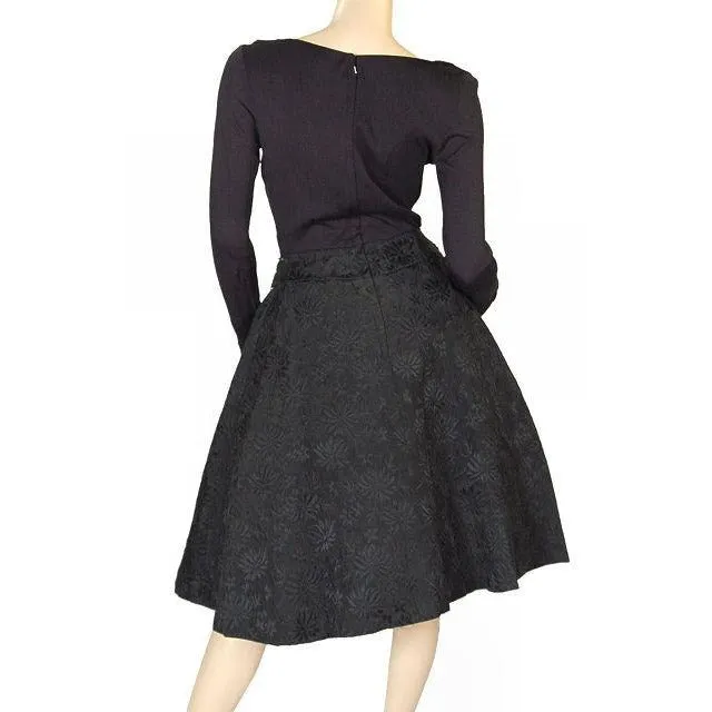 Vintage Black Jersey Dress W/Textured Brocade Skirt Nan Wynn 1950s 36-24-Free