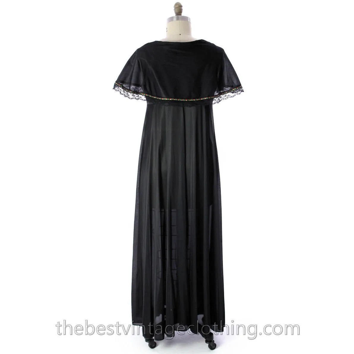 VINTAGE Black Nylon Nightgown Bertha Collar NWOT 1970s Large