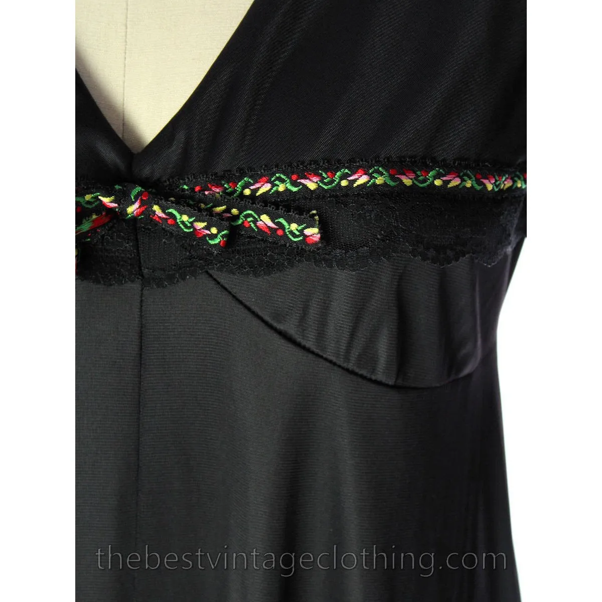 VINTAGE Black Nylon Nightgown Bertha Collar NWOT 1970s Large
