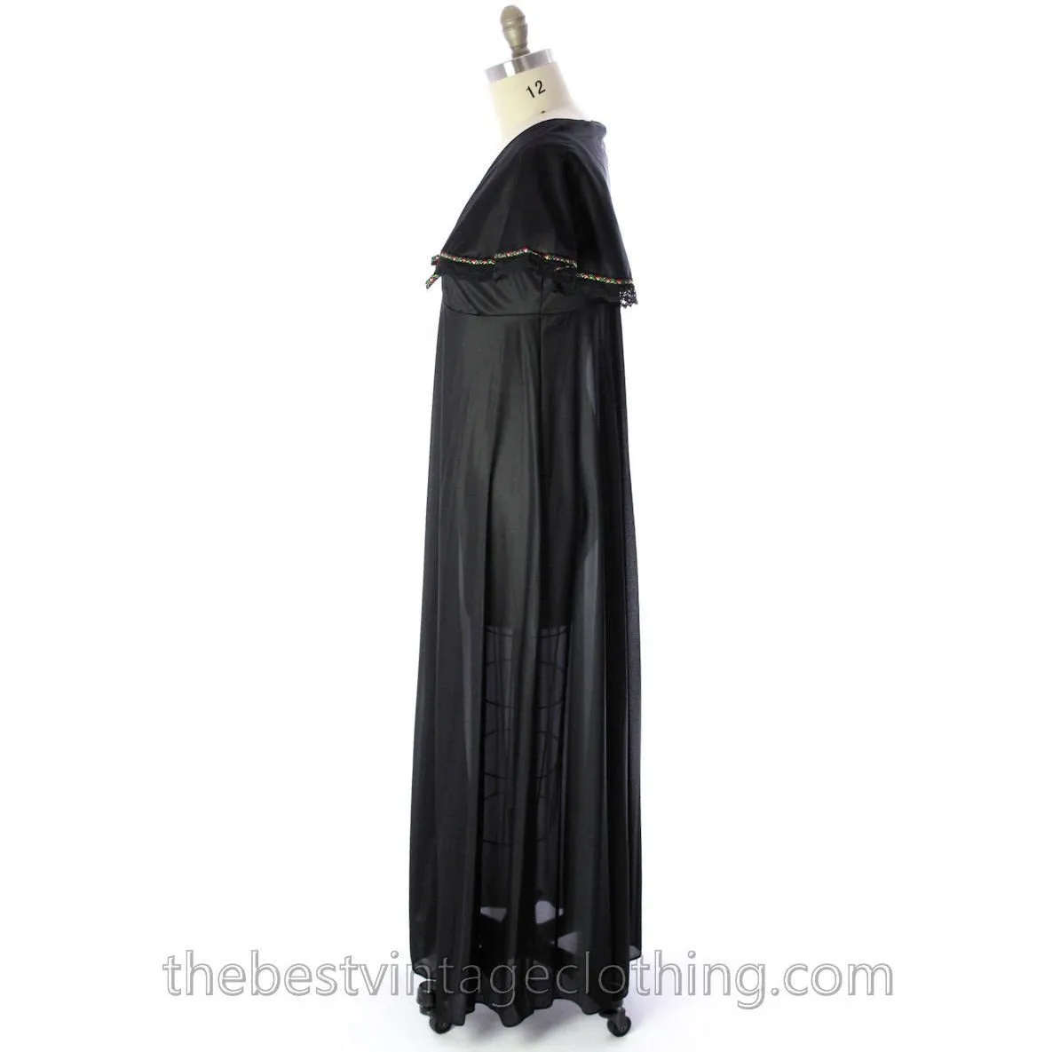 VINTAGE Black Nylon Nightgown Bertha Collar NWOT 1970s Large