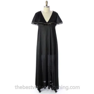 VINTAGE Black Nylon Nightgown Bertha Collar NWOT 1970s Large