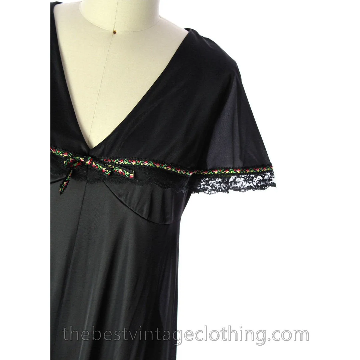 VINTAGE Black Nylon Nightgown Bertha Collar NWOT 1970s Large