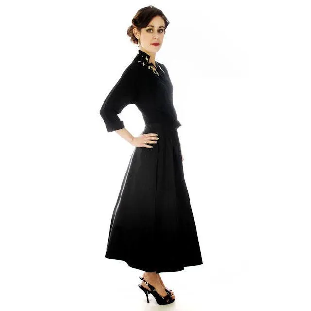 Vintage Black Taffeta Embellished Dress 1940s 34-27-46 Lucky Star