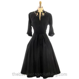 Vintage Black Taffeta Embellished Dress 1940s 34-27-46 Lucky Star