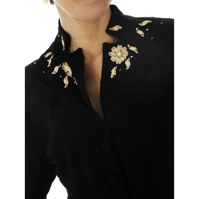 Vintage Black Taffeta Embellished Dress 1940s 34-27-46 Lucky Star