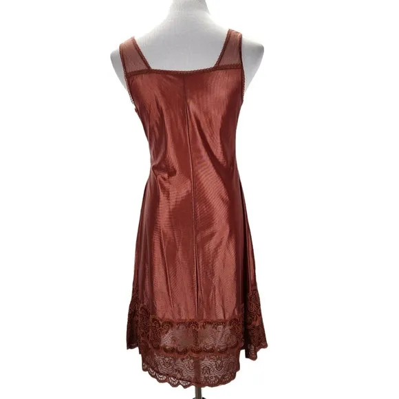 Vintage Bronze Nylon Full Slip Size S/M A Line Lace Trim Made in Poland 60s 70s