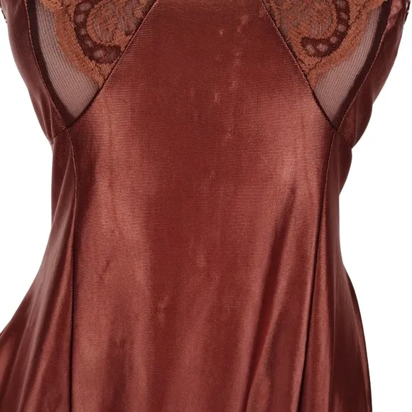 Vintage Bronze Nylon Full Slip Size S/M A Line Lace Trim Made in Poland 60s 70s