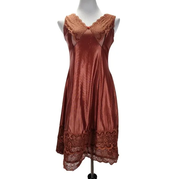 Vintage Bronze Nylon Full Slip Size S/M A Line Lace Trim Made in Poland 60s 70s