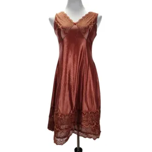 Vintage Bronze Nylon Full Slip Size S/M A Line Lace Trim Made in Poland 60s 70s
