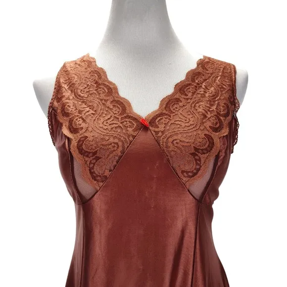 Vintage Bronze Nylon Full Slip Size S/M A Line Lace Trim Made in Poland 60s 70s