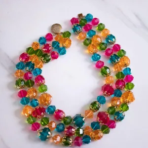Vintage Chunky Lucite Jewel Tone Triple Strand Necklace