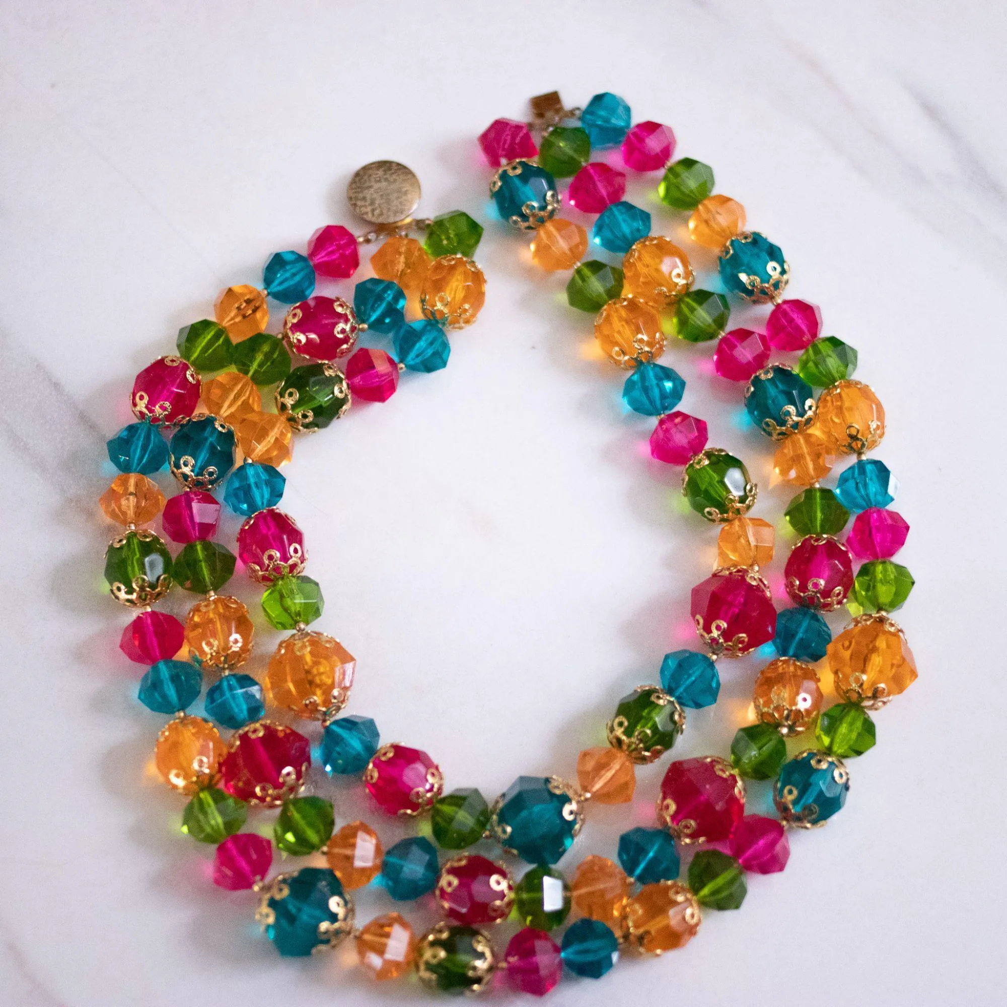 Vintage Chunky Lucite Jewel Tone Triple Strand Necklace