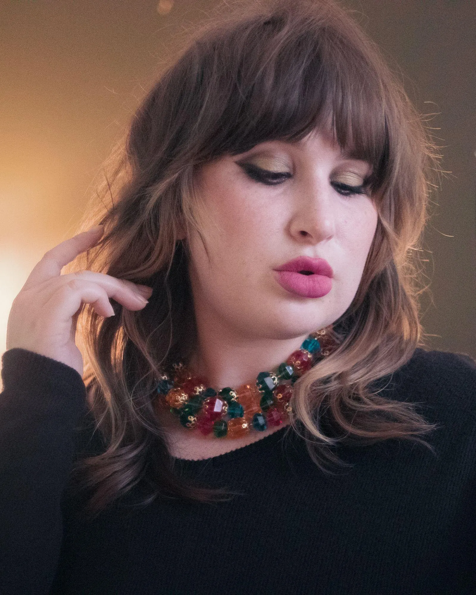 Vintage Chunky Lucite Jewel Tone Triple Strand Necklace