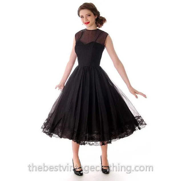 Vintage Dance Time by Phyllis Dress Black Sheer Full Skirt 1950s 31-24-FREE Small