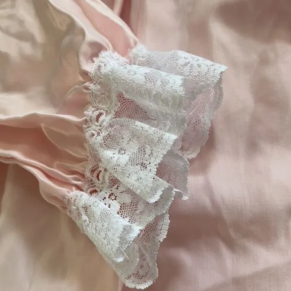 Vintage Deadstock 70’s Soft Pastel Pink Long Satin Button Up Robe Housecoat Sz S