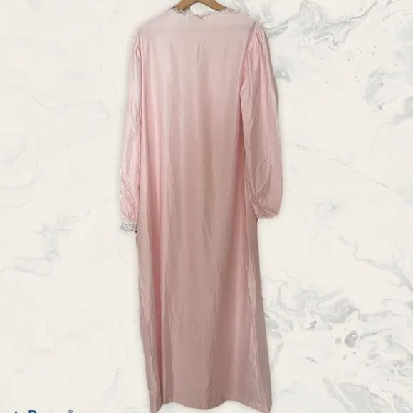 Vintage Deadstock 70’s Soft Pastel Pink Long Satin Button Up Robe Housecoat Sz S