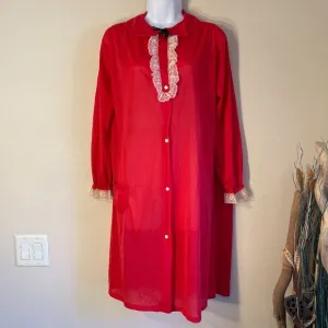 Vintage duster robe red with white lace and black tie at peterpan collar