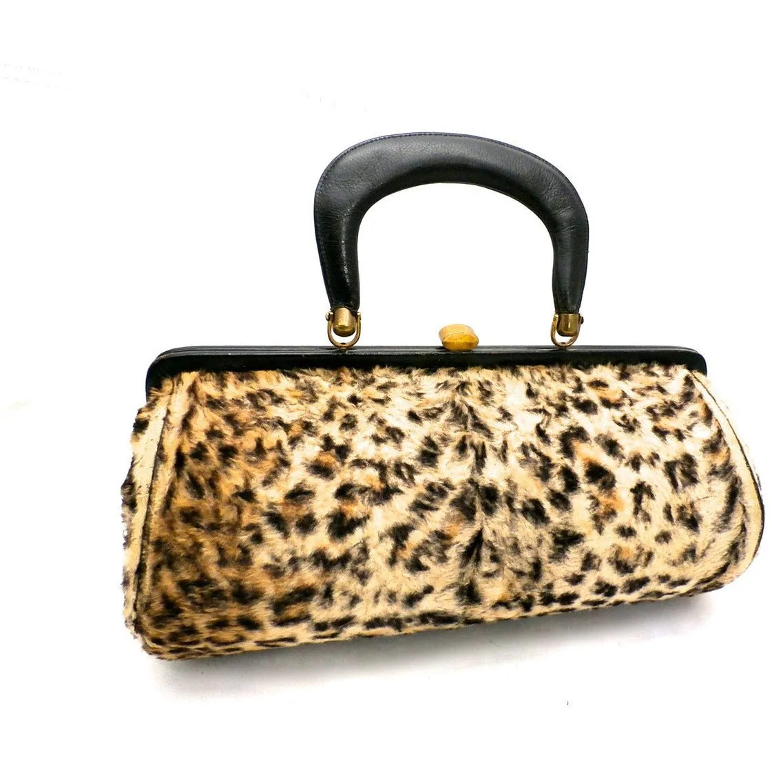 Vintage  Fab Leopard Print  Barrel Bag  Purse 1950S Faux Cat Fur