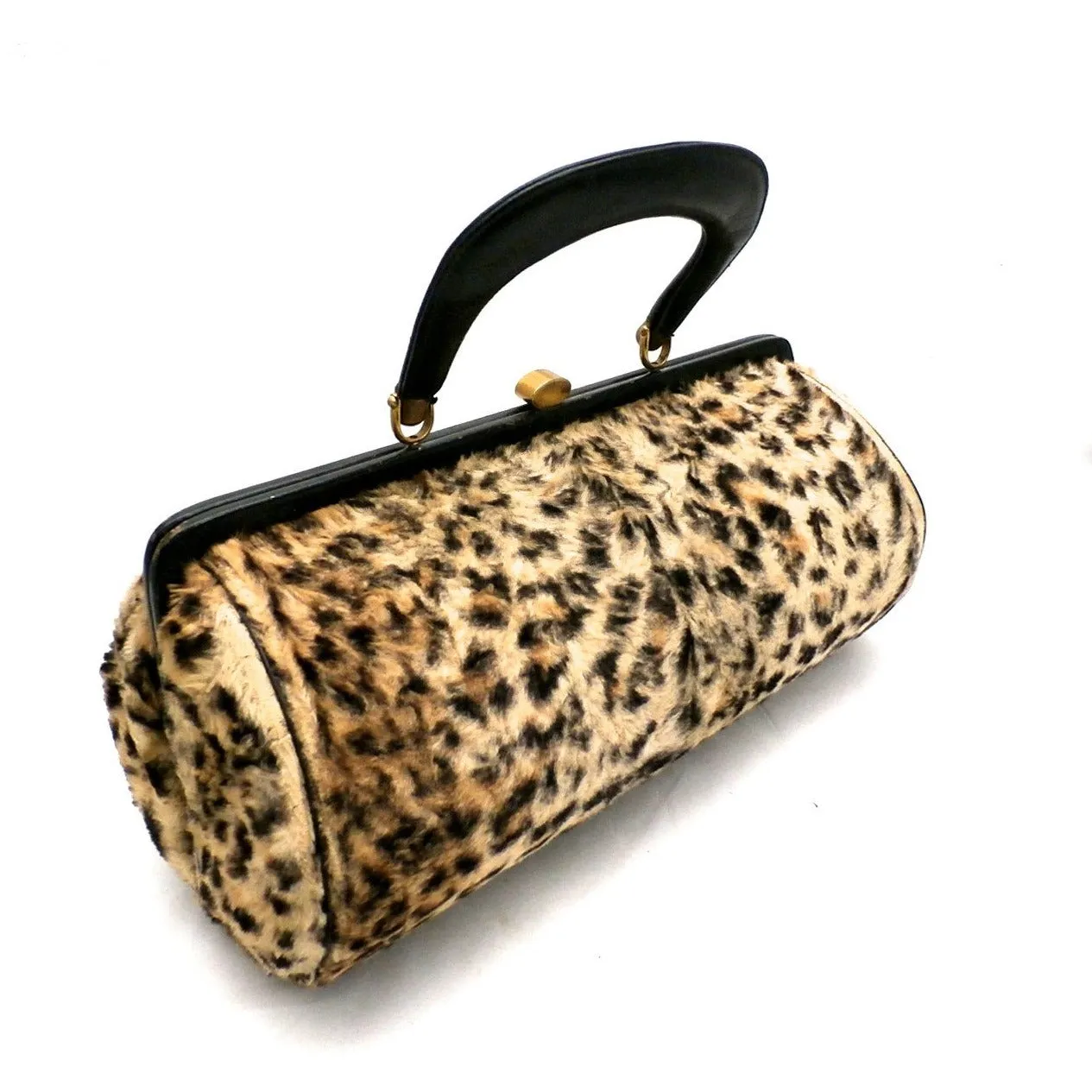 Vintage  Fab Leopard Print  Barrel Bag  Purse 1950S Faux Cat Fur