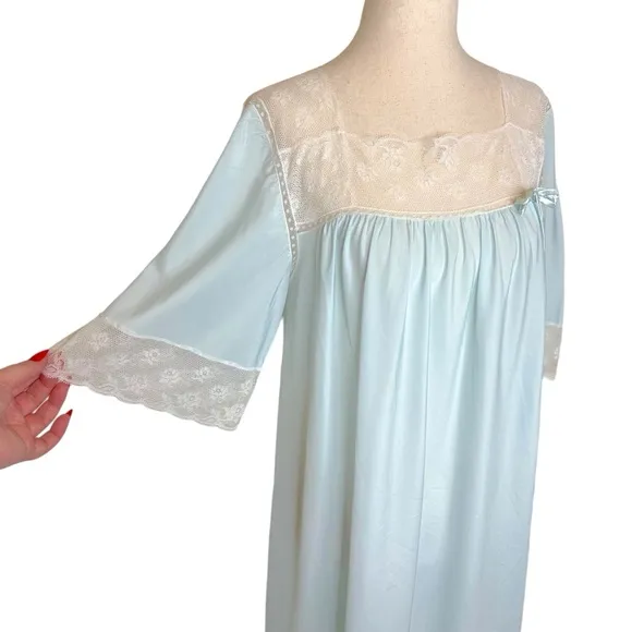 Vintage Fischer Silk Blend Baby Blue Lace Square Neckline Nightgown Dress