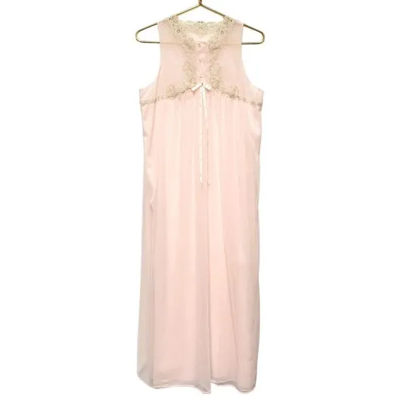 Vintage Gossard Artemis Long Nightgown Pink Size Medium Chiffon Nylon Lace Sheer