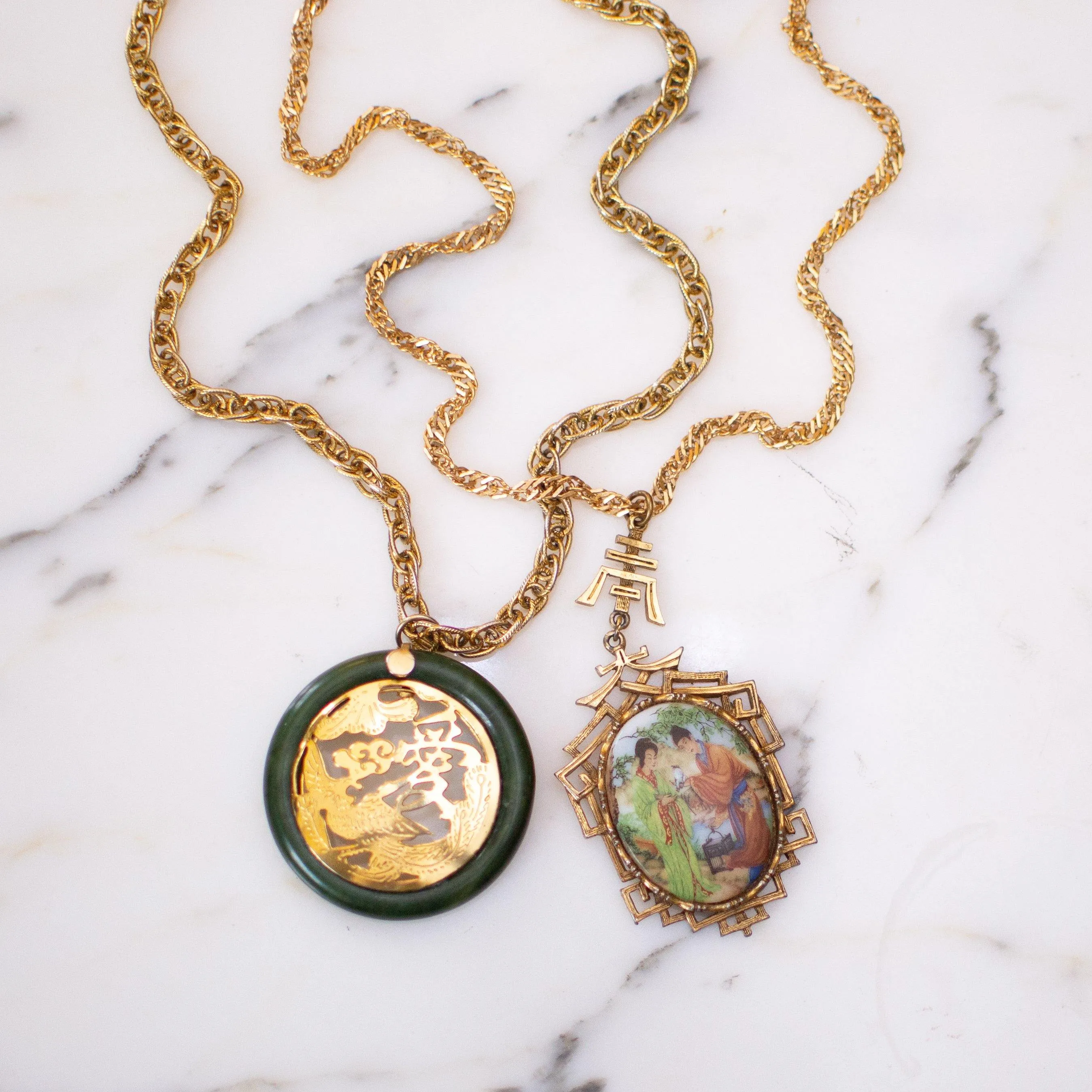 Vintage Hand Painted Asian Picture on Pendant Necklace