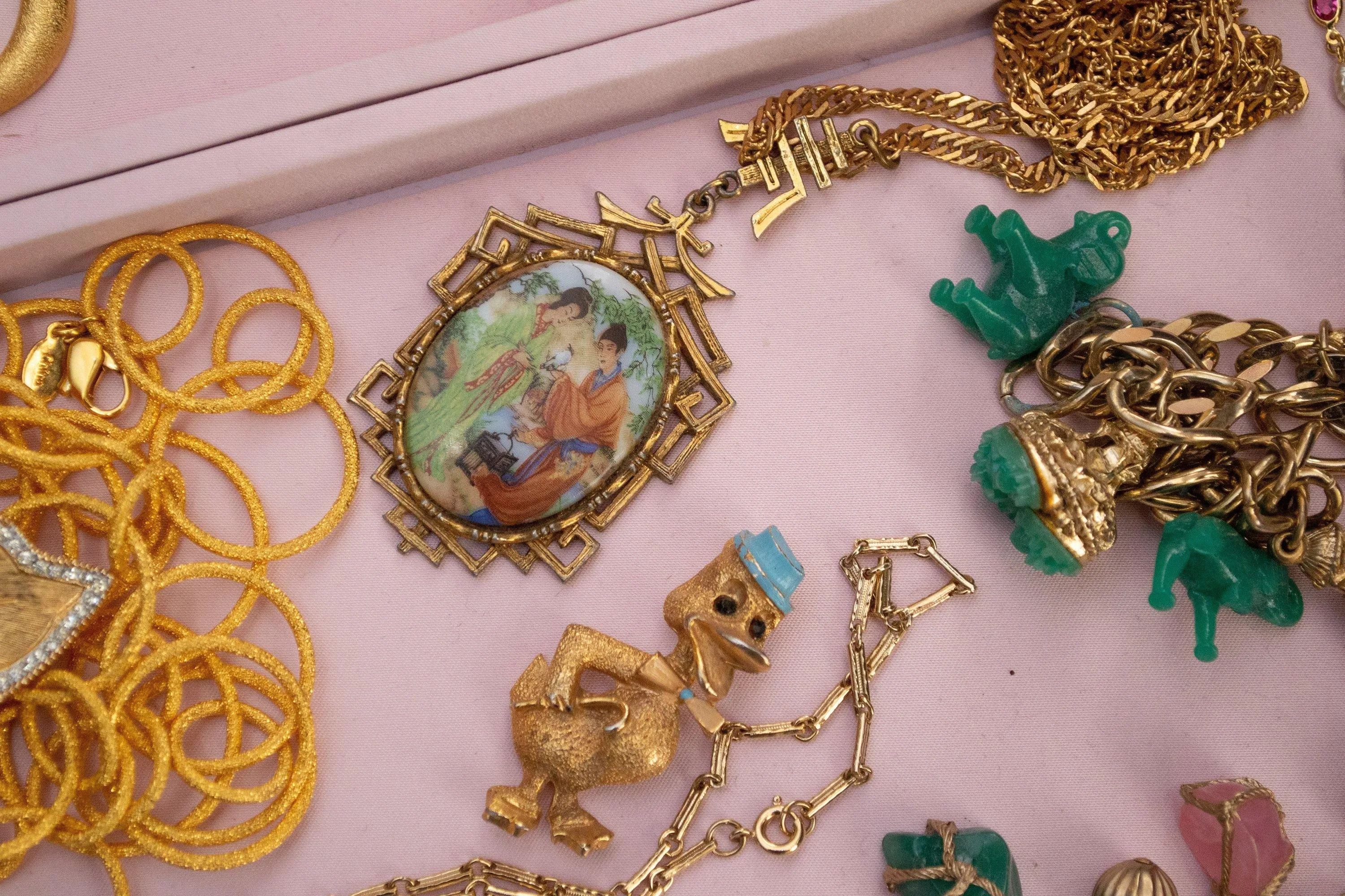 Vintage Hand Painted Asian Picture on Pendant Necklace