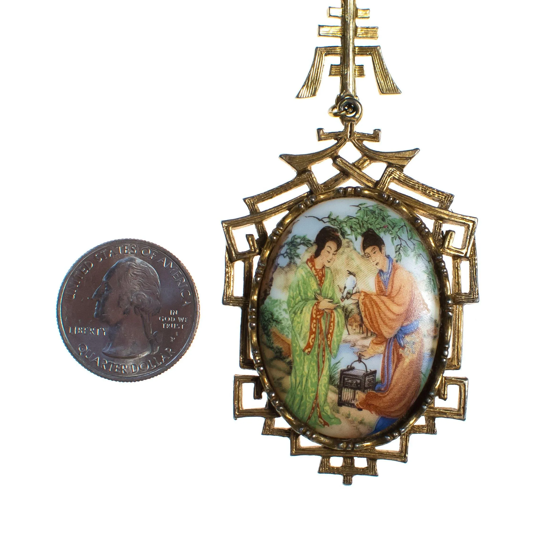 Vintage Hand Painted Asian Picture on Pendant Necklace