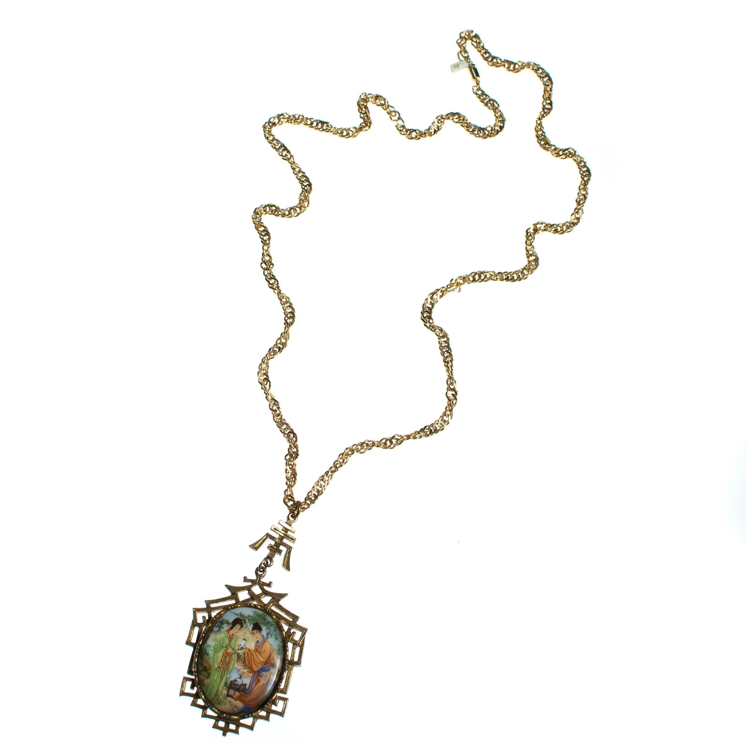 Vintage Hand Painted Asian Picture on Pendant Necklace