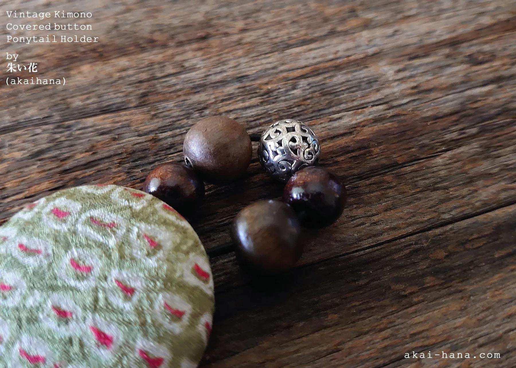 Vintage Kimono Covered Button Hair Ties, Shibori matcha green