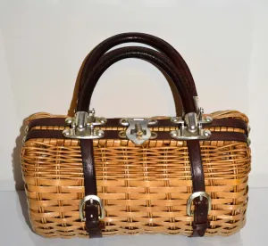 Vintage Leather Trimmed Wicker Barrel Purse