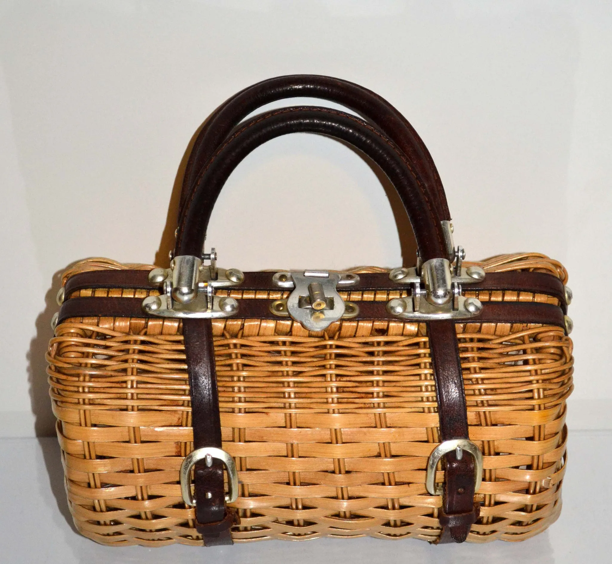 Vintage Leather Trimmed Wicker Barrel Purse
