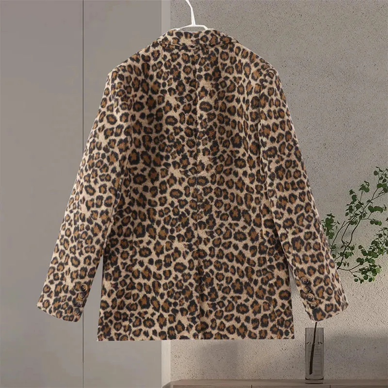 Vintage Leopard Pattern Jacket Casual Turndown Collar New Fashion V-Neck Long Sleeve Coat Jacket