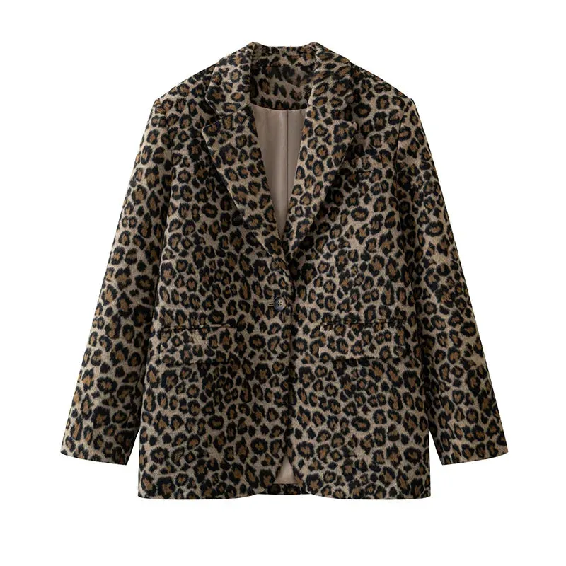Vintage Leopard Pattern Jacket Casual Turndown Collar New Fashion V-Neck Long Sleeve Coat Jacket