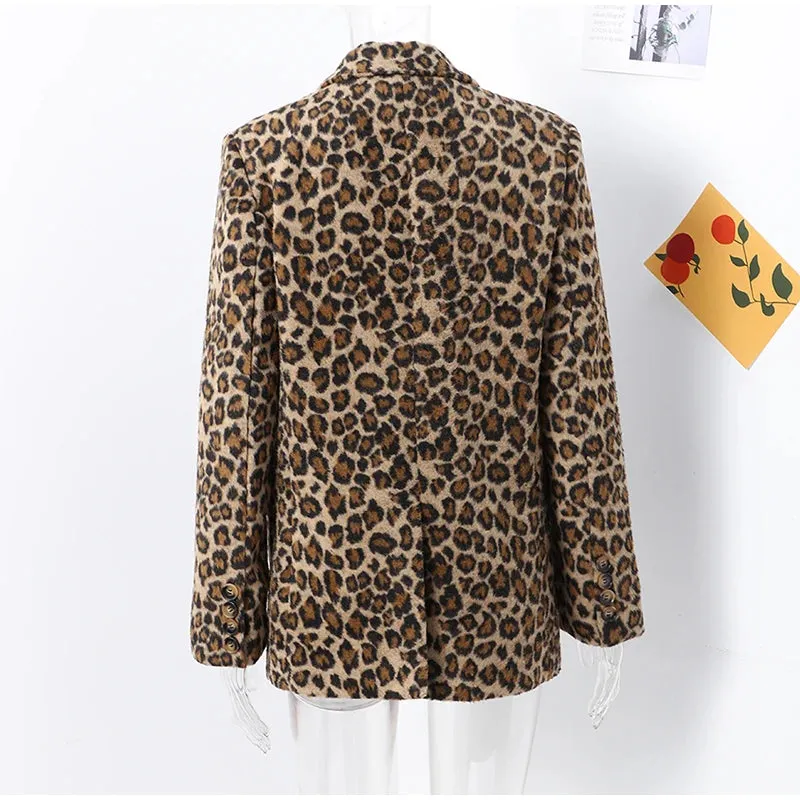 Vintage Leopard Pattern Jacket Casual Turndown Collar New Fashion V-Neck Long Sleeve Coat Jacket