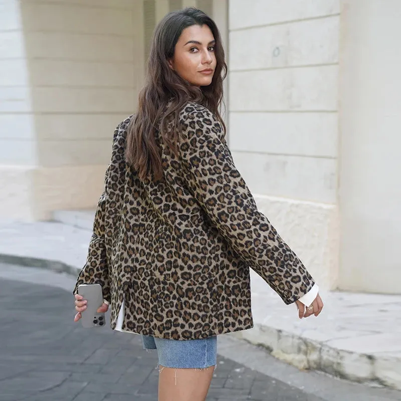 Vintage Leopard Pattern Jacket Casual Turndown Collar New Fashion V-Neck Long Sleeve Coat Jacket