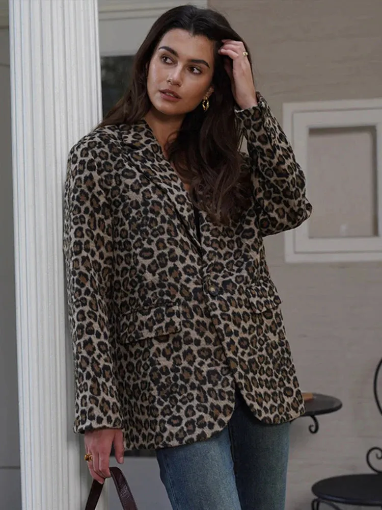 Vintage Leopard Pattern Jacket Casual Turndown Collar New Fashion V-Neck Long Sleeve Coat Jacket