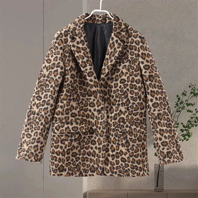 Vintage Leopard Pattern Jacket Casual Turndown Collar New Fashion V-Neck Long Sleeve Coat Jacket