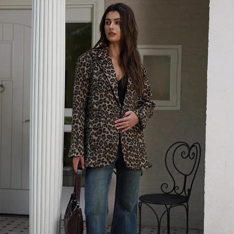 Vintage Leopard Pattern Jacket Casual Turndown Collar New Fashion V-Neck Long Sleeve Coat Jacket