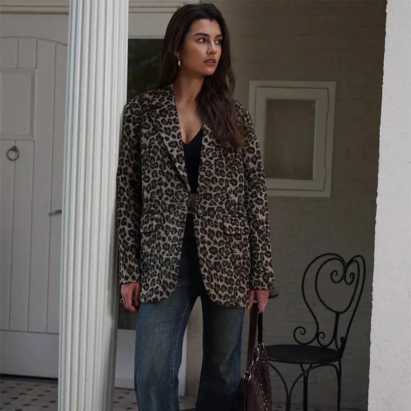 Vintage Leopard Pattern Jacket Casual Turndown Collar New Fashion V-Neck Long Sleeve Coat Jacket