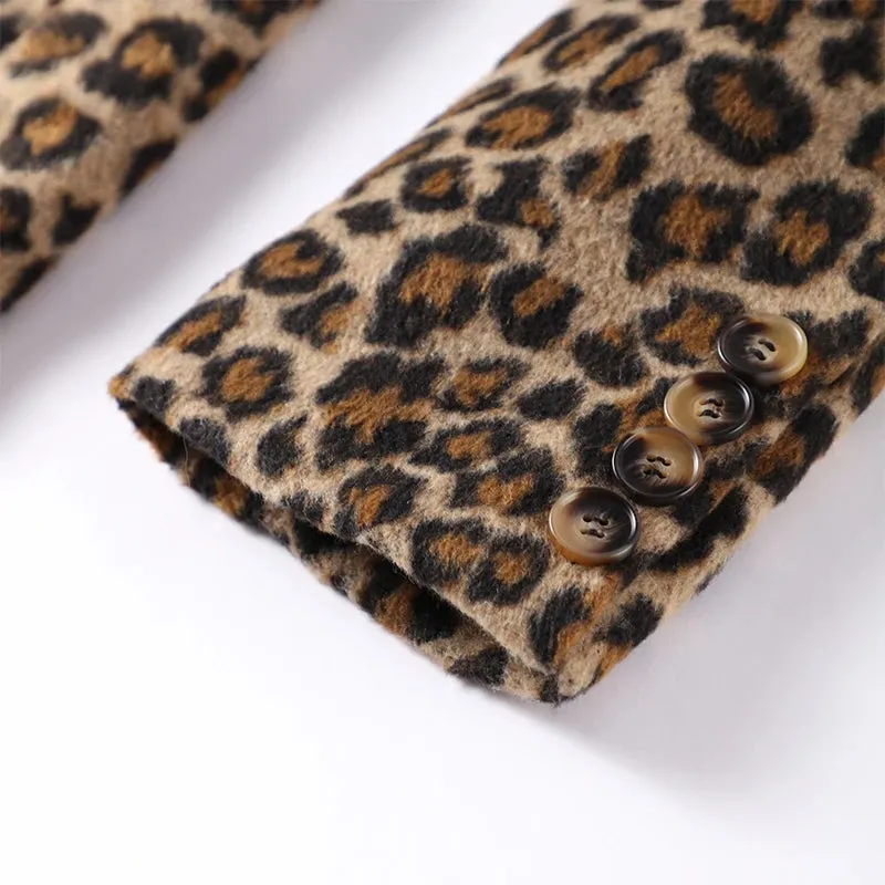 Vintage Leopard Pattern Jacket Casual Turndown Collar New Fashion V-Neck Long Sleeve Coat Jacket