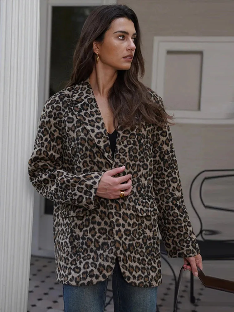 Vintage Leopard Pattern Jacket Casual Turndown Collar New Fashion V-Neck Long Sleeve Coat Jacket