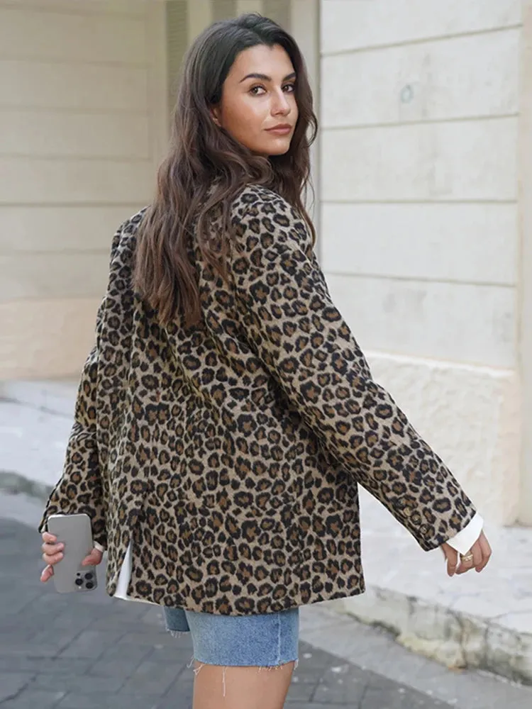 Vintage Leopard Pattern Jacket Casual Turndown Collar New Fashion V-Neck Long Sleeve Coat Jacket