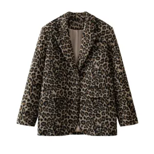 Vintage Leopard Pattern Jacket Casual Turndown Collar New Fashion V-Neck Long Sleeve Coat Jacket