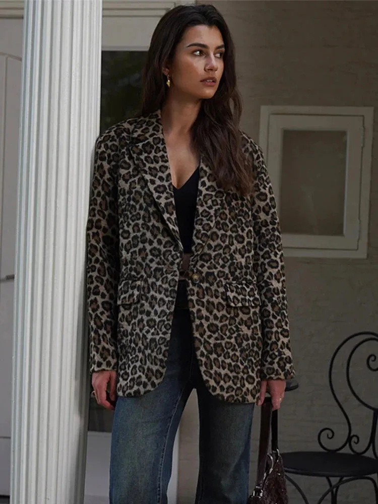 Vintage Leopard Pattern Jacket Casual Turndown Collar New Fashion V-Neck Long Sleeve Coat Jacket