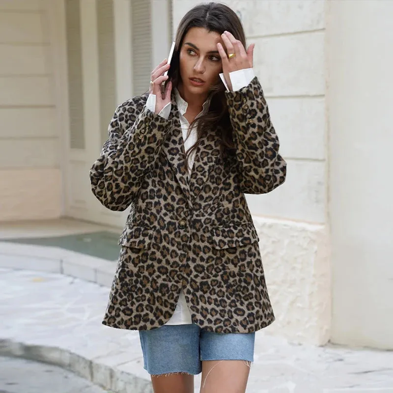 Vintage Leopard Pattern Jacket Casual Turndown Collar New Fashion V-Neck Long Sleeve Coat Jacket