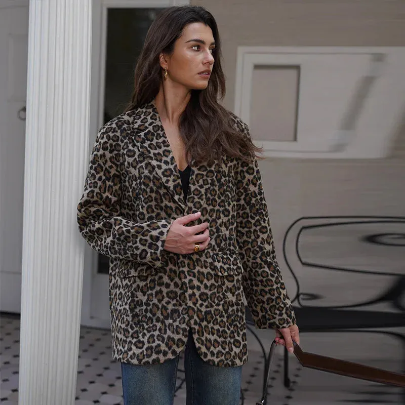 Vintage Leopard Pattern Jacket Casual Turndown Collar New Fashion V-Neck Long Sleeve Coat Jacket