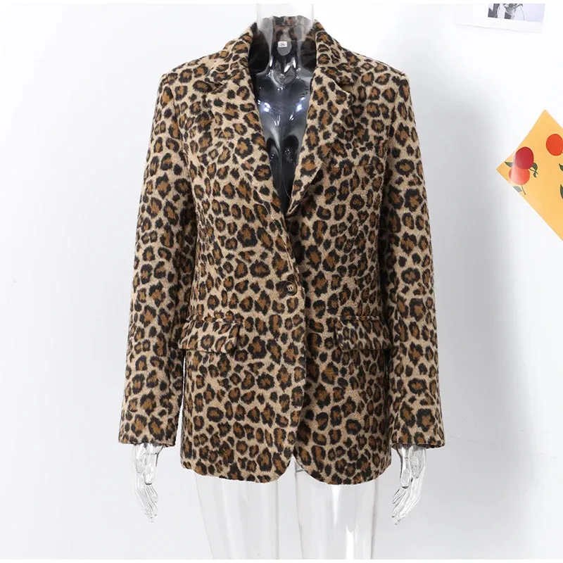 Vintage Leopard Pattern Jacket Casual Turndown Collar New Fashion V-Neck Long Sleeve Coat Jacket