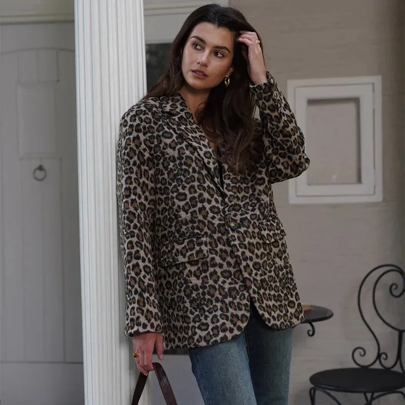 Vintage Leopard Pattern Jacket Casual Turndown Collar New Fashion V-Neck Long Sleeve Coat Jacket
